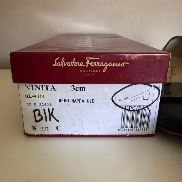 Salvatore Ferragamo Black Leather Nero Nappa Kid Pump Block Heels Italy 8.5 - Picture 2 of 12